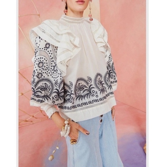 Ulla Johnson Tops - ULLA JOHNSON White Black Annetta Ruffle Embroidered Top Sz 2